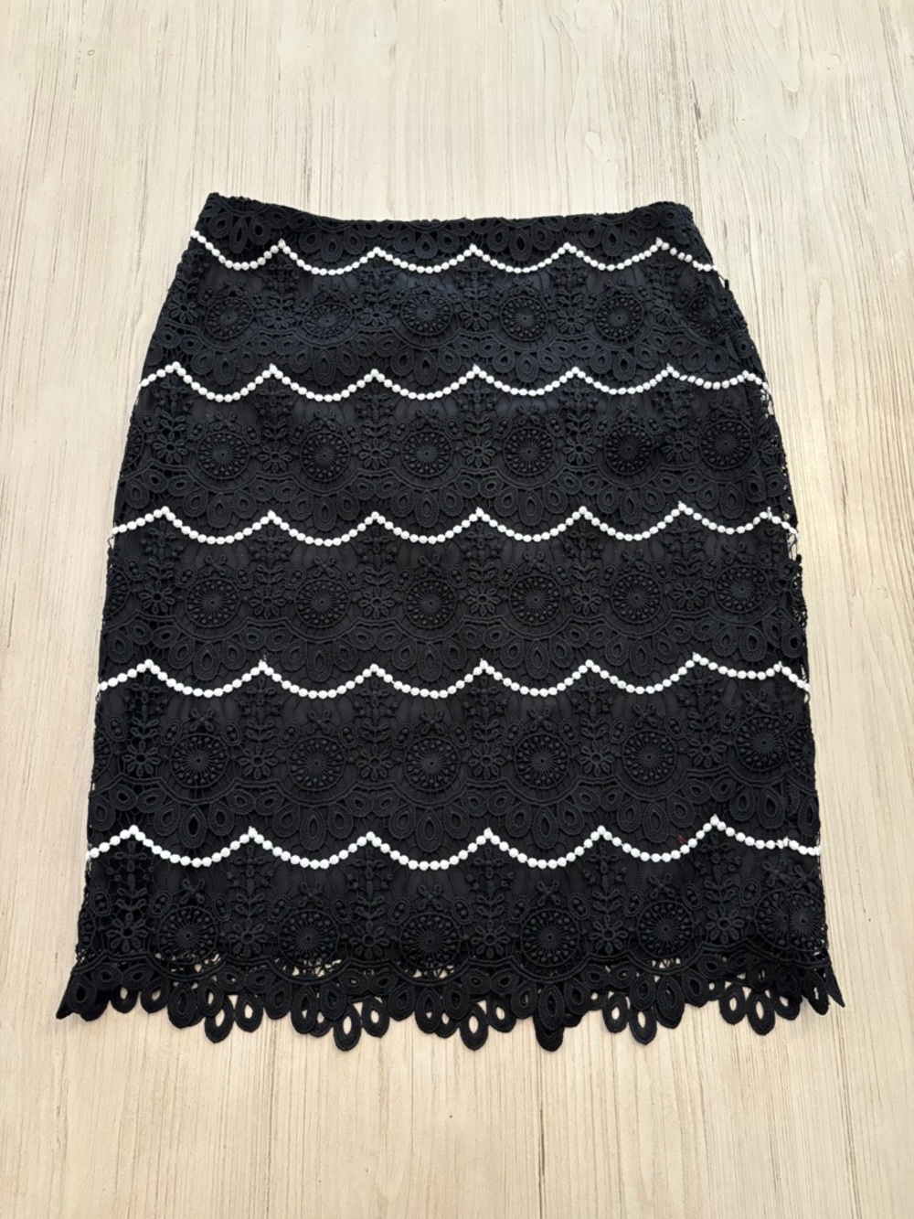 Talbots Black Lace Midi Skirt with White Scallop Bands